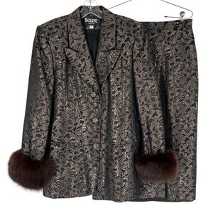 Solini Designer Cocktail Suit Womens Size 14 Black Brown Shimmer Skirt Blazer
